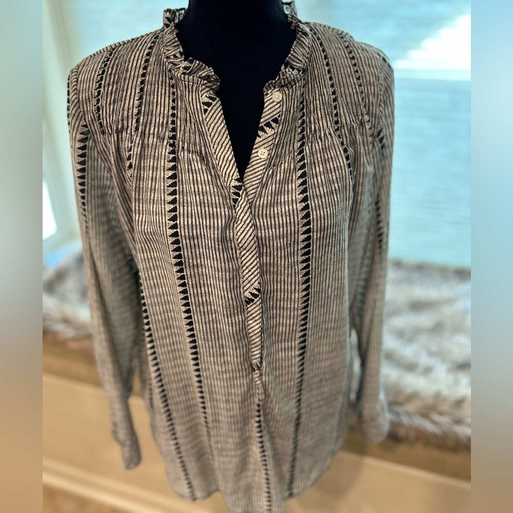 J Crew. Black and White Blouse with Ruffled Neck and Smocking